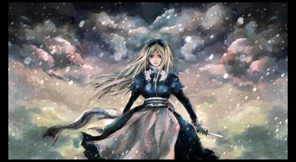 Anime picture 1500x821 with axis powers hetalia studio deen belarus (hetalia) 317/miiina (pixiv) long hair blonde hair wide image cloud (clouds) border snowing girl dress bow weapon knife dagger