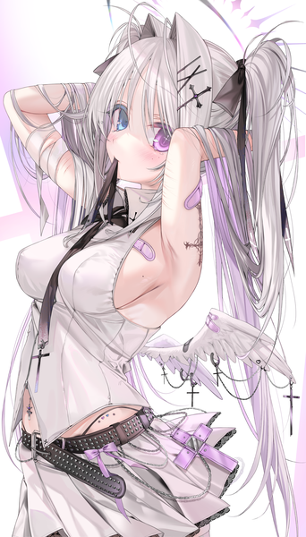 Anime picture 3421x6000 with original vega (unxi) unxi single long hair tall image looking at viewer blush fringe highres breasts blue eyes light erotic hair between eyes large breasts standing purple eyes twintails holding payot