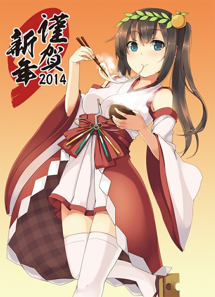 Anime picture 725x1000 with original unasaka ryou single long hair tall image blush blue eyes black hair ponytail traditional clothes side ponytail eating new year nengajou 2014 girl thighhighs hair ornament detached sleeves white thighhighs