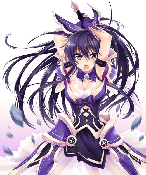 Anime picture 833x1000 with date a live yatogami tooka okitakung single long hair tall image looking at viewer blush breasts open mouth light erotic large breasts brown eyes purple hair ponytail girl dress weapon sword
