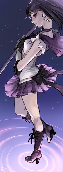 Anime picture 600x1636 with bishoujo senshi sailor moon toei animation sailor saturn racoona single tall image short hair standing holding purple hair profile pleated skirt wind from behind high heels looking down dark background girl skirt gloves