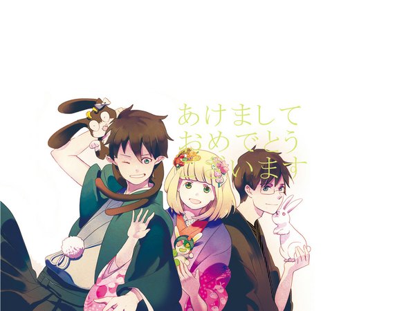 Anime picture 1024x768 with ao no exorcist a-1 pictures okumura rin okumura yukio moriyama shiemi nii (ao no exorcist) short hair blue eyes black hair blonde hair simple background smile white background green eyes traditional clothes one eye closed pointy ears wink inscription multiple boys