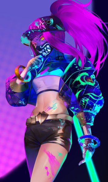 Anime picture 2480x4168 with league of legends k/da (league of legends) akali (league of legends) k/da akali shenteita (sharkpunk) single long hair tall image looking at viewer highres breasts simple background standing yellow eyes payot pink hair ponytail open jacket bare belly eyeshadow