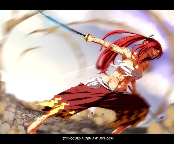 Anime picture 2000x1657 with fairy tail erza scarlet stingcunha single long hair highres breasts light erotic large breasts holding sky cloud (clouds) ponytail red hair barefoot armpit (armpits) grin coloring torn clothes letterboxed