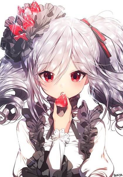 Anime picture 700x1000 with idolmaster idolmaster cinderella girls kanzaki ranko sorolp single long hair tall image looking at viewer blush open mouth simple background red eyes white background twintails grey hair drill hair close-up shiny girl hair ornament
