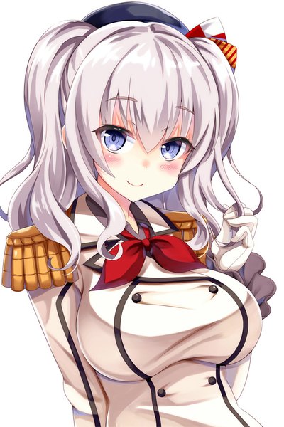 Anime picture 600x900 with kantai collection kashima training cruiser yuzu-aki single long hair tall image looking at viewer blush fringe breasts simple background smile large breasts white background purple eyes twintails silver hair upper body eyebrows arm behind back