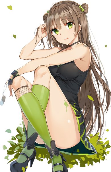 Anime picture 2893x4450 with girls frontline rfb (girls frontline) rikoma single long hair tall image looking at viewer highres breasts light erotic simple background brown hair white background sitting bare shoulders green eyes full body bent knee (knees) head tilt hair bun (hair buns)