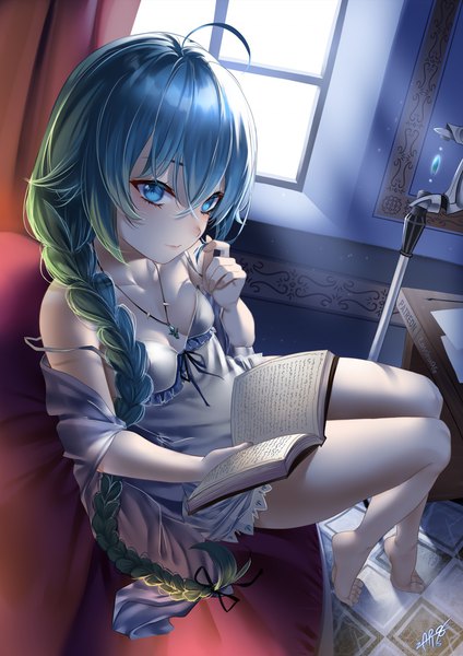 Anime picture 1060x1500 with mushoku tensei studio bind roxy migurdia zasshu single long hair tall image looking at viewer fringe breasts blue eyes light erotic smile hair between eyes sitting holding signed payot blue hair full body
