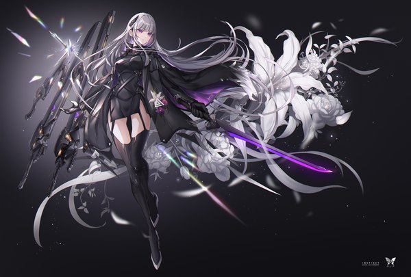 Anime picture 1985x1341 with original t-track (artist) single long hair fringe highres breasts simple background purple eyes holding looking away full body blunt bangs long sleeves grey hair thigh gap floating hair black background mecha musume girl