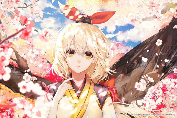 Anime picture 1075x719 with sangai senki du fu say hana single looking at viewer fringe short hair open mouth blonde hair hair between eyes signed yellow eyes upper body outdoors traditional clothes parted lips japanese clothes arm up wind copyright name