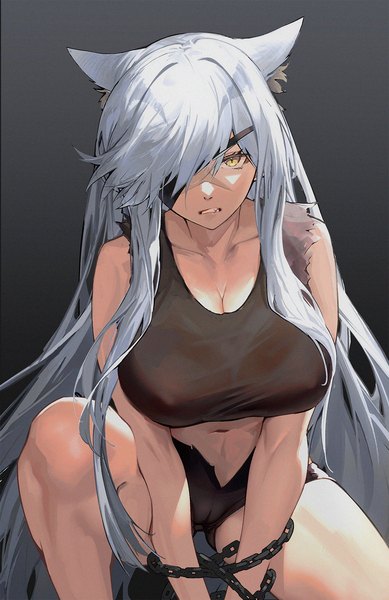 Anime-Bild 1158x1788 mit arknights duke of windermere (arknights) drive shot single tall image looking at viewer fringe breasts light erotic simple background large breasts animal ears yellow eyes silver hair very long hair grey background alternate costume torn clothes covered nipples cameltoe