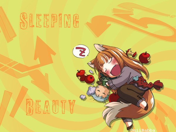 Anime picture 1280x960 with spice and wolf horo craft lawrence animal ears silver hair red hair tail sleeping apple wolf