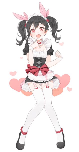 Anime picture 630x1200 with love live! school idol project sunrise (studio) love live! yazawa nico marin (myuy 3) single long hair tall image fringe open mouth black hair simple background red eyes white background twintails signed full body :d maid looking up
