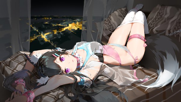 Anime picture 6720x3780 with original bodhi wushushenghua single long hair looking at viewer blush fringe highres breasts open mouth light erotic black hair wide image large breasts purple eyes holding animal ears absurdres full body bent knee (knees)