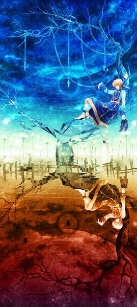 Anime picture 800x1783 with hunter x hunter kurapica ritttz single tall image looking at viewer fringe short hair blonde hair sitting holding full body bent knee (knees) eyes closed barefoot black eyes night night sky reflection dual persona