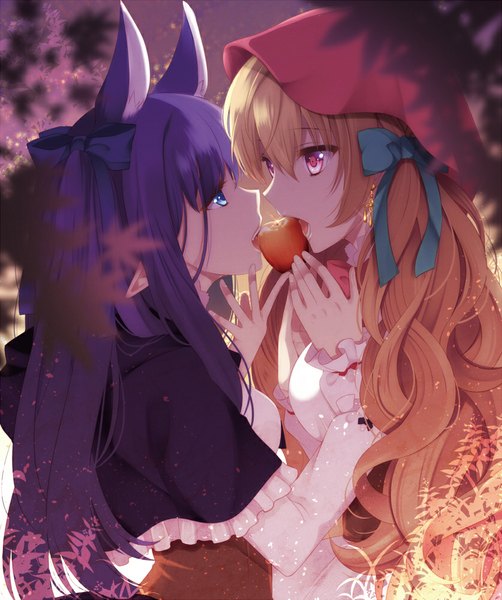 Anime picture 837x1000 with little red riding hood little red riding hood (character) big bad wolf agekichi (heart shape) long hair tall image fringe open mouth blue eyes blonde hair multiple girls animal ears looking away purple hair pink eyes shoujo ai face to face wolf ears personification girl