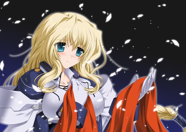 Anime picture 1920x1366 with kyoukai senjou no horizon mary stuart fana (artist) single long hair blush highres blue eyes blonde hair braid (braids) girl petals scarf bodysuit