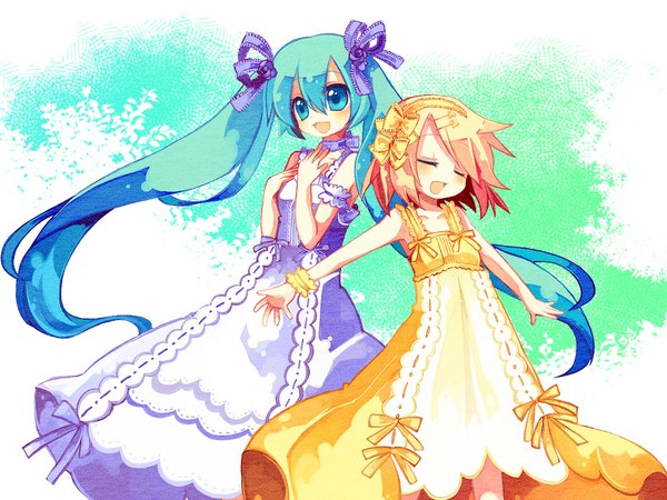 Anime picture 1024x768 with vocaloid hatsune miku kagamine rin long hair twintails bare shoulders multiple girls eyes closed very long hair aqua eyes aqua hair spread arms singing girl dress bow ribbon (ribbons) 2 girls hair bow hair ribbon