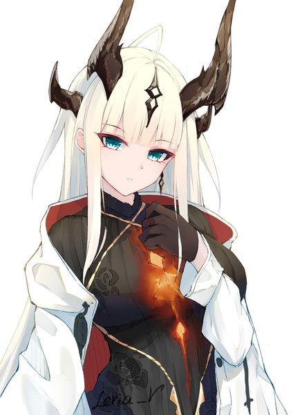 Anime picture 1413x2000 with arknights reed (arknights) leria v single long hair tall image looking at viewer fringe simple background standing white background signed upper body ahoge white hair blunt bangs head tilt horn (horns) aqua eyes open jacket