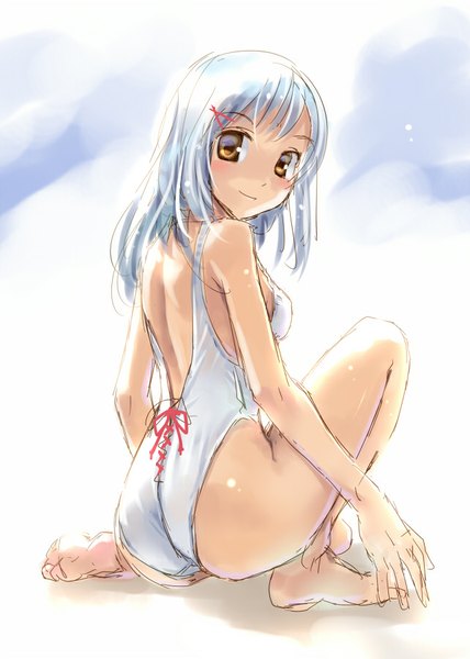 Anime picture 642x900 with original katahira masashi single long hair tall image looking at viewer blush breasts light erotic sitting brown eyes silver hair ass barefoot sunlight turning head sketch girl hair ornament swimsuit