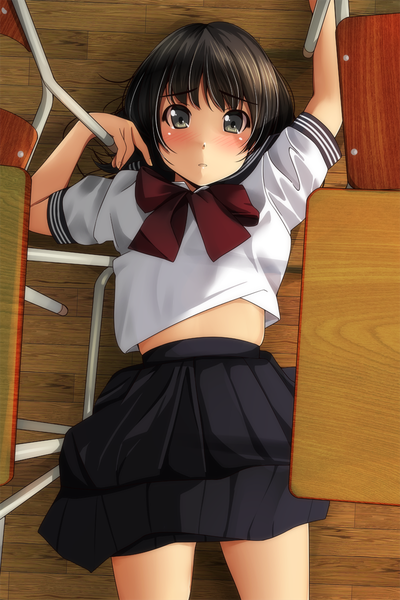 Anime picture 800x1200 with original matsunaga kouyou single tall image looking at viewer blush short hair black hair lying pleated skirt black eyes on back girl skirt uniform shirt serafuku white shirt bowtie black skirt