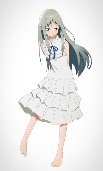 Anime picture 2456x4096 with ano hi mita hana no namae wo bokutachi wa mada shiranai a-1 pictures honma meiko drawdream1025 single long hair tall image highres blue eyes simple background smile standing white background looking away full body barefoot grey hair sleeveless looking down standing on one leg