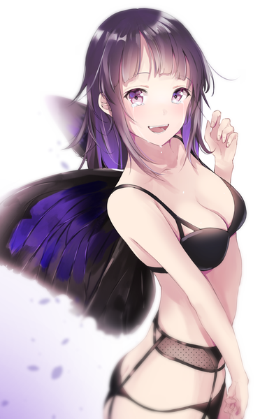 Anime picture 1031x1662 with original sakippo (sakippo0) single tall image looking at viewer blush fringe short hair breasts open mouth light erotic simple background smile standing purple eyes payot cleavage purple hair ass blunt bangs