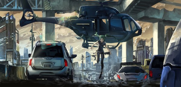 Anime picture 2300x1105 with vocaloid hatsune miku ylpylf long hair highres wide image twintails looking away sky cloud (clouds) aqua hair city cityscape jumping dust girl weapon gun building (buildings) ground vehicle