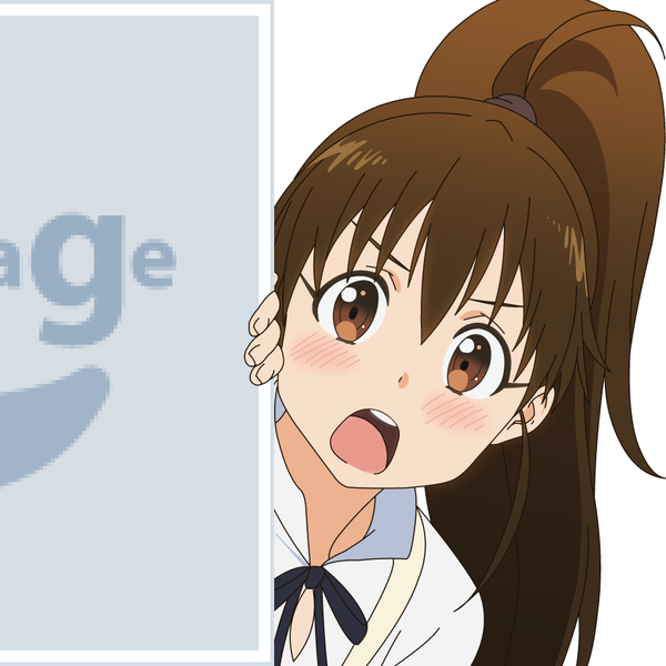 Anime picture 850x850 with working!! a-1 pictures pixiv taneshima popura mugen ouka single long hair looking at viewer blush fringe open mouth simple background hair between eyes brown hair white background brown eyes ahoge ponytail vector waitress