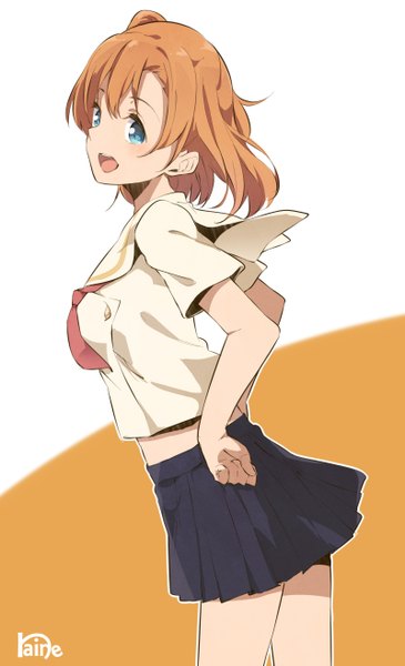 Anime picture 1600x2626 with love live! school idol project sunrise (studio) love live! kousaka honoka haine single tall image fringe short hair open mouth blue eyes simple background white background signed looking away orange hair bare belly hands on hips orange background girl