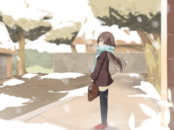 Anime picture 1333x1000 with original sky-freedom single long hair blush black hair red eyes snowing winter snow girl thighhighs black thighhighs plant (plants) tree (trees) jacket scarf school bag