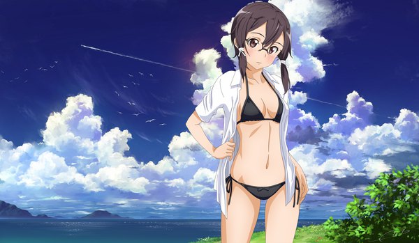 Anime picture 1800x1048 with sword art online a-1 pictures asada shino shugo19 single looking at viewer highres short hair breasts light erotic brown hair wide image standing brown eyes signed cloud (clouds) open shirt condensation trail girl navel