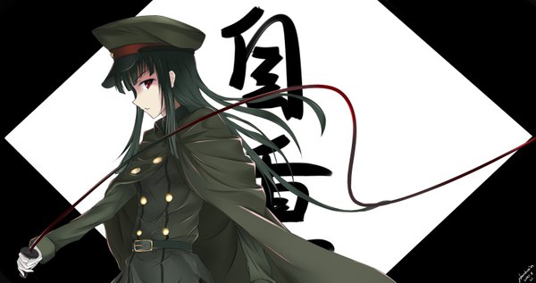 Anime picture 3107x1644 with phantania single long hair highres black hair red eyes wide image profile hieroglyph military girl uniform hat belt military uniform whip
