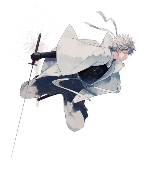 Anime picture 1491x1836 with gintama sunrise (studio) sakata gintoki urahara single tall image looking at viewer short hair simple background red eyes white background silver hair traditional clothes japanese clothes profile spread arms jumping boy weapon sword