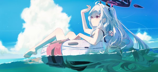 Anime picture 2500x1140 with blue archive hina (blue archive) omegu single long hair highres wide image purple eyes looking away sky silver hair cloud (clouds) barefoot arm up bare legs partially submerged shaded face girl sea halo