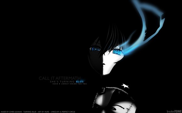 Anime picture 1920x1200 with black rock shooter black rock shooter (character) single long hair highres open mouth blue eyes black hair wide image glowing black background monochrome scar face glowing eye (eyes) spot color blending girl swimsuit bikini