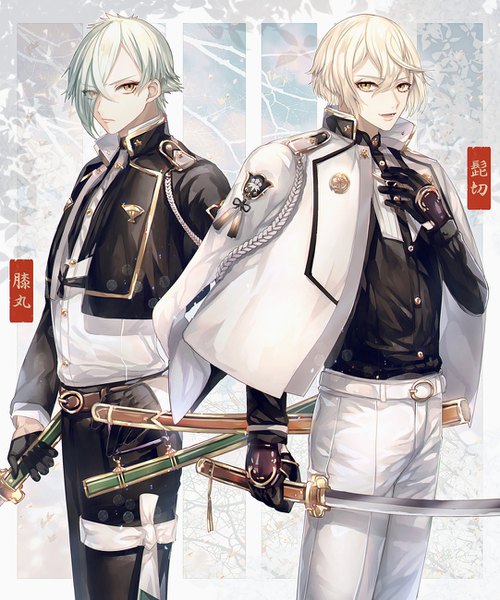 Anime picture 1082x1300 with touken ranbu nitroplus higekiri (touken ranbu) hizamaru (touken ranbu) abandon ranka tall image looking at viewer fringe short hair blonde hair standing yellow eyes hair over one eye aqua hair multiple boys hand on chest clothes on shoulders military boy gloves