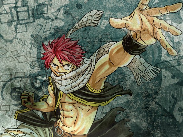 Anime picture 1024x768 with fairy tail natsu dragneel single looking at viewer fringe short hair smile hair between eyes red hair open jacket armpit (armpits) grey eyes sleeveless grin torn clothes outstretched arm muscle clenched teeth abs boy