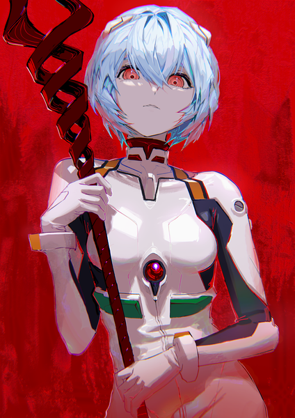 Anime picture 2480x3508 with neon genesis evangelion gainax ayanami rei roitz ( roitz ) single tall image looking at viewer fringe highres short hair simple background hair between eyes red eyes blue hair red background girl bodysuit pilot suit lance of longinus (evangelion)