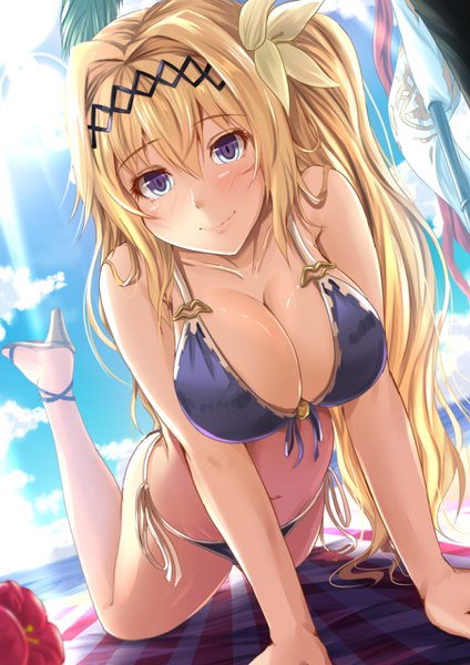 Anime picture 904x1280 with granblue fantasy jeanne d'arc (granblue fantasy) kanzaki kureha single long hair tall image looking at viewer blush fringe breasts light erotic blonde hair smile hair between eyes large breasts purple eyes sky cleavage cloud (clouds) outdoors