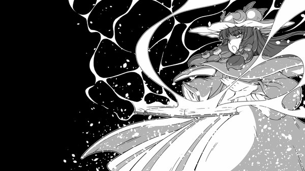 Anime picture 1920x1080 with touhou patchouli knowledge sunatoshi single long hair highres open mouth simple background wide image looking away profile :o two side up wallpaper magic black background monochrome high contrast flat color girl