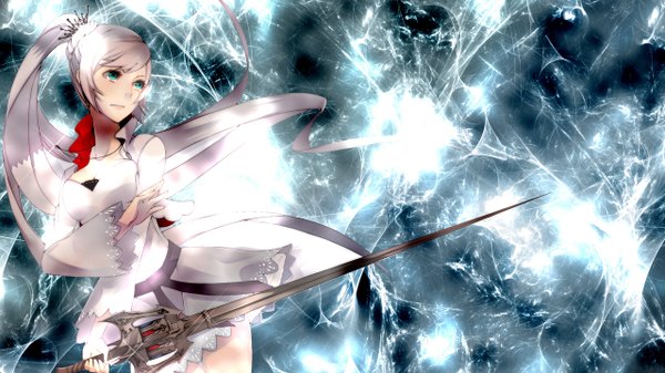 Anime picture 1280x720 with rwby rooster teeth weiss schnee acton70 (artist) single long hair wide image green eyes silver hair ponytail looking up girl dress weapon sword pendant cape short dress lace