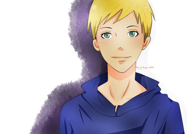 Anime picture 1200x860 with original o-ren kira (artist) single looking at viewer blush highres short hair simple background blonde hair green eyes signed shadow lens flare boy