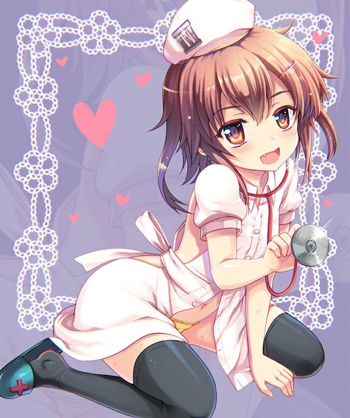 Anime picture 689x822 with kantai collection ikazuchi destroyer hanao (kuma-tan flash!) single tall image blush fringe short hair open mouth light erotic smile brown hair sitting holding brown eyes :d from above short sleeves fang (fangs) alternate costume