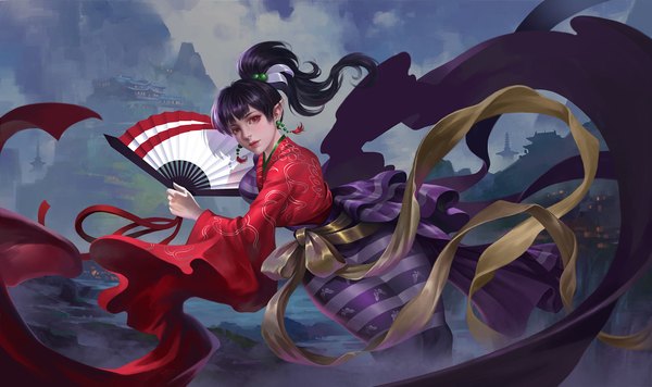 Anime picture 1920x1140 with inuyasha kagura (inuyasha) junqi mu single long hair looking at viewer fringe highres red eyes wide image holding purple hair outdoors ponytail blunt bangs traditional clothes japanese clothes wind pointy ears realistic
