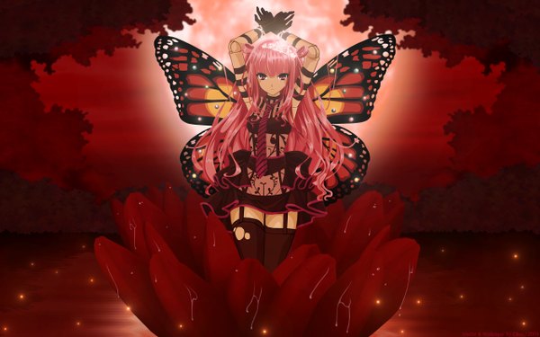 Anime picture 2560x1600 with beatmania beatmania iidx umegiri ameto misaki kurehito highres red eyes wide image pink hair arms behind head insect wings butterfly wings girl thighhighs gloves flower (flowers) torn thighhighs