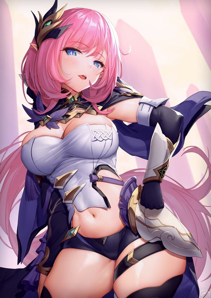 Anime picture 1414x2000 with honkai impact 3rd honkai (series) elysia (honkai impact) elysia (miss pink elf) (honkai impact) xfate single long hair tall image looking at viewer blush fringe breasts open mouth blue eyes light erotic large breasts standing pink hair cleavage blunt bangs