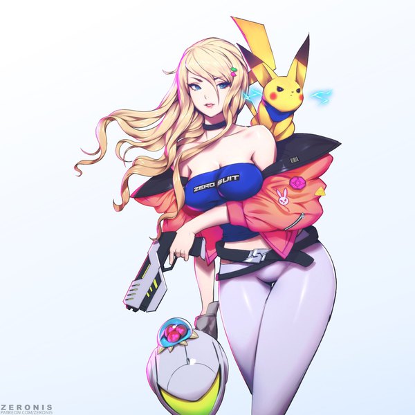 Anime picture 1550x1550 with pokemon metroid super smash bros. nintendo pikachu samus aran metroid (creature) paul (shiramune) long hair looking at viewer breasts blue eyes light erotic simple background blonde hair smile large breasts white background bare shoulders off shoulder