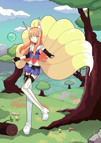 Anime picture 2480x3507 with league of legends ahri (league of legends) sonikey0 0 single long hair tall image looking at viewer fringe highres blonde hair smile standing animal ears yellow eyes sky cloud (clouds) ahoge tail animal tail fang (fangs)