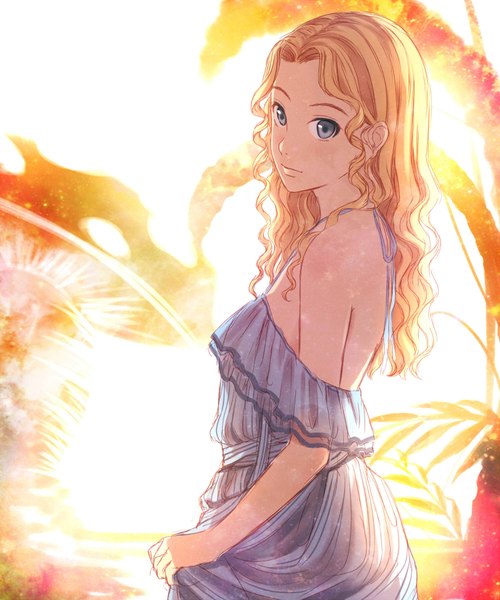 Anime picture 1500x1800 with alice in wonderland alice (wonderland) avachi single long hair tall image looking at viewer blonde hair bare shoulders grey eyes girl dress plant (plants) mushroom (mushrooms)